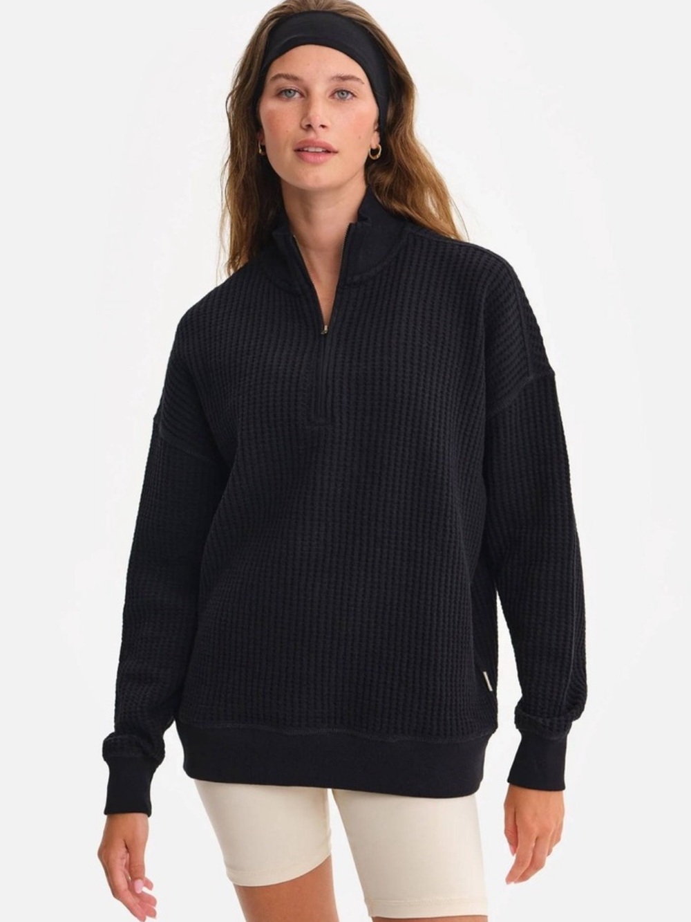 MATE the Label Black Waffle-Knit Organic Cotton Quarter Zip Sweatshirt Small